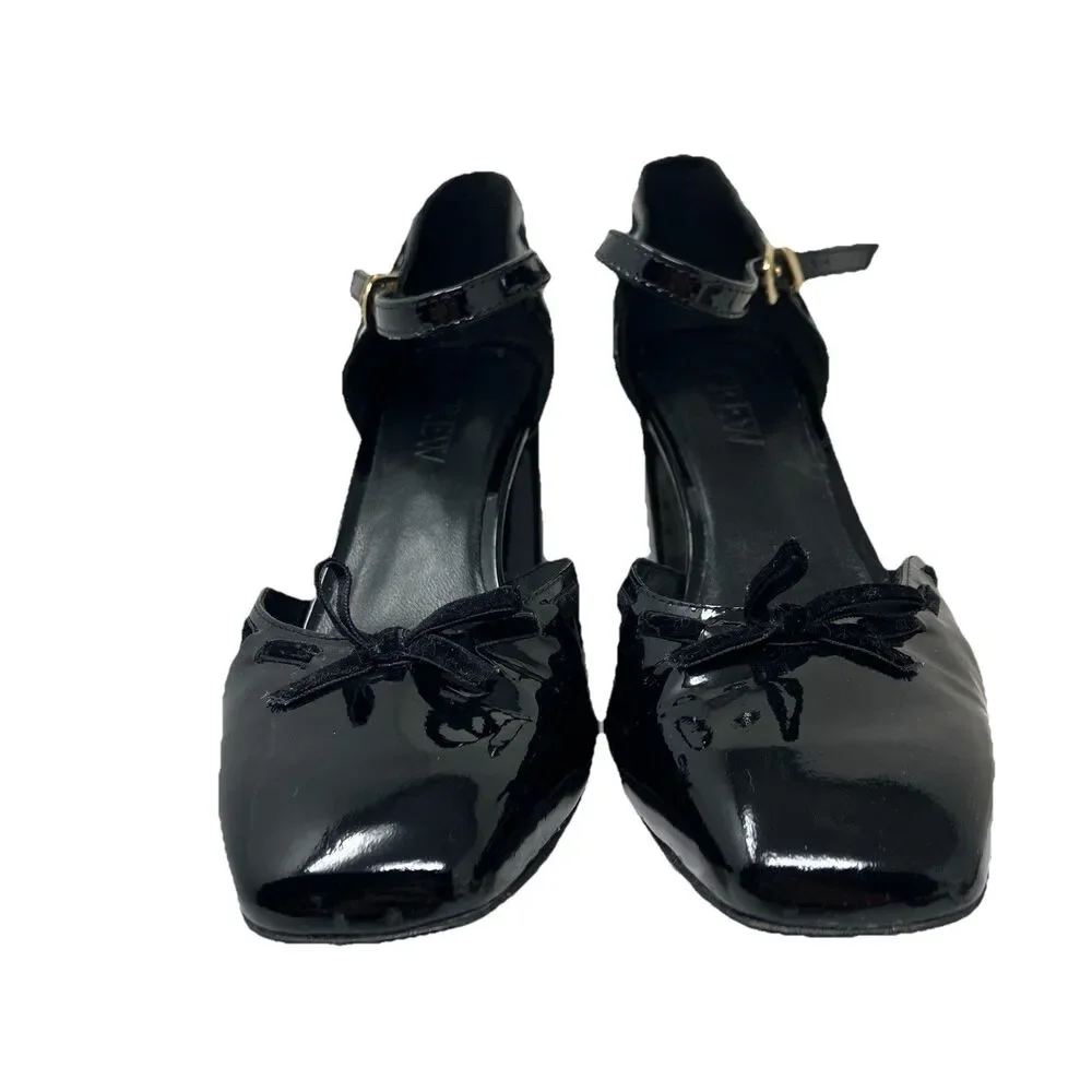 J Crew Maisie Bow Heels Black Patent Leather Mary Jane Block Heel CP058 Womens 7